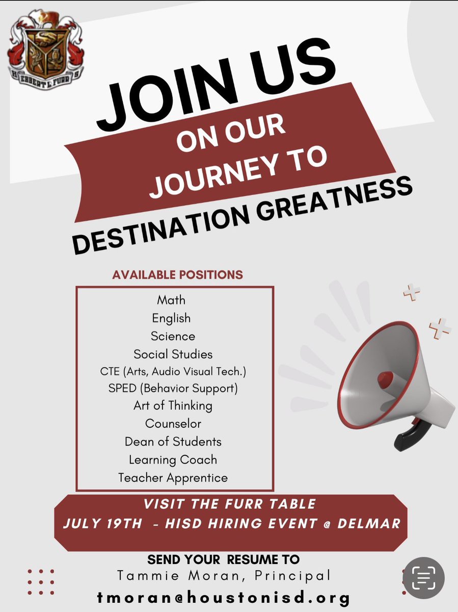 Join us at HMW for our @HISDCentral Job Fairs on 🗓️Jul 24, 8AM-2PM &amp; Jul 26, 2PM-5PM. Interviews on-spot could lead to an offer letter &amp; salary in hand! Join the Brahman family <a href="/FurrHS/">Furr High School</a> and lead innovative work as an <a href="/XQAmerica/">XQ</a> super school! 🤘🏾