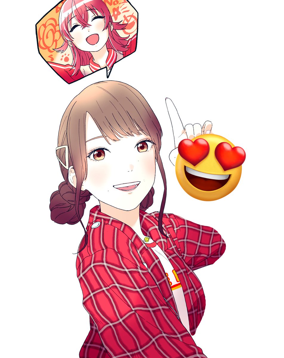 komiya kaho ,sonoda chiyoko multiple girls 2girls hair bun plaid shirt brown hair smile red hair  illustration images