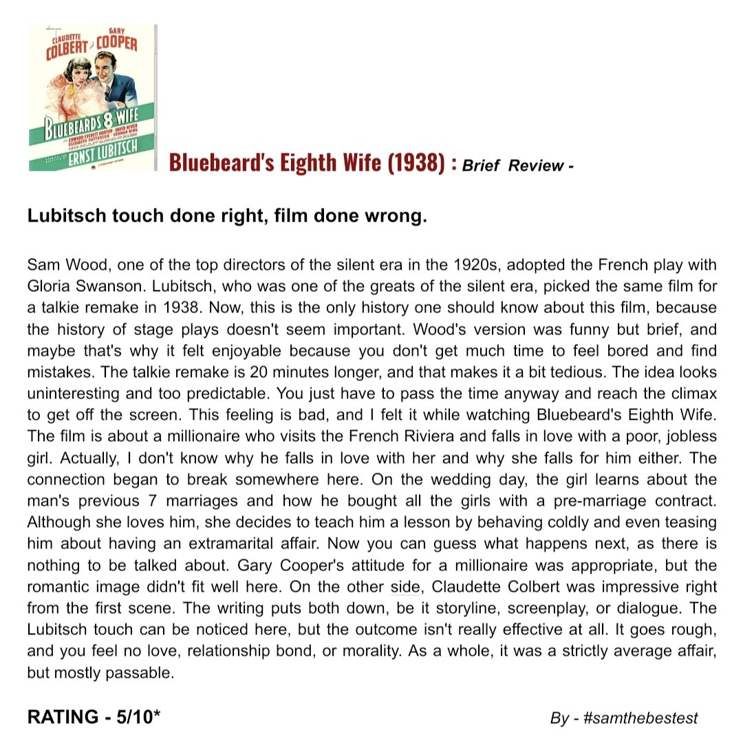 SAMTHEBESTEST_'s tweet photo. Watched #BluebeardsEighthWife (1938) :
Lubitsch touch done right, film done wrong.
RATING - 5/10*
#ernstlubitsch #garycooper #claudettecolbert #EdwardEverettHorton #davidniven #hermanbing #elizabethpatterson #MovieReview #FilmReview #OldHollywood #LubitschTouch https://t.co/LrJSl4qVFW