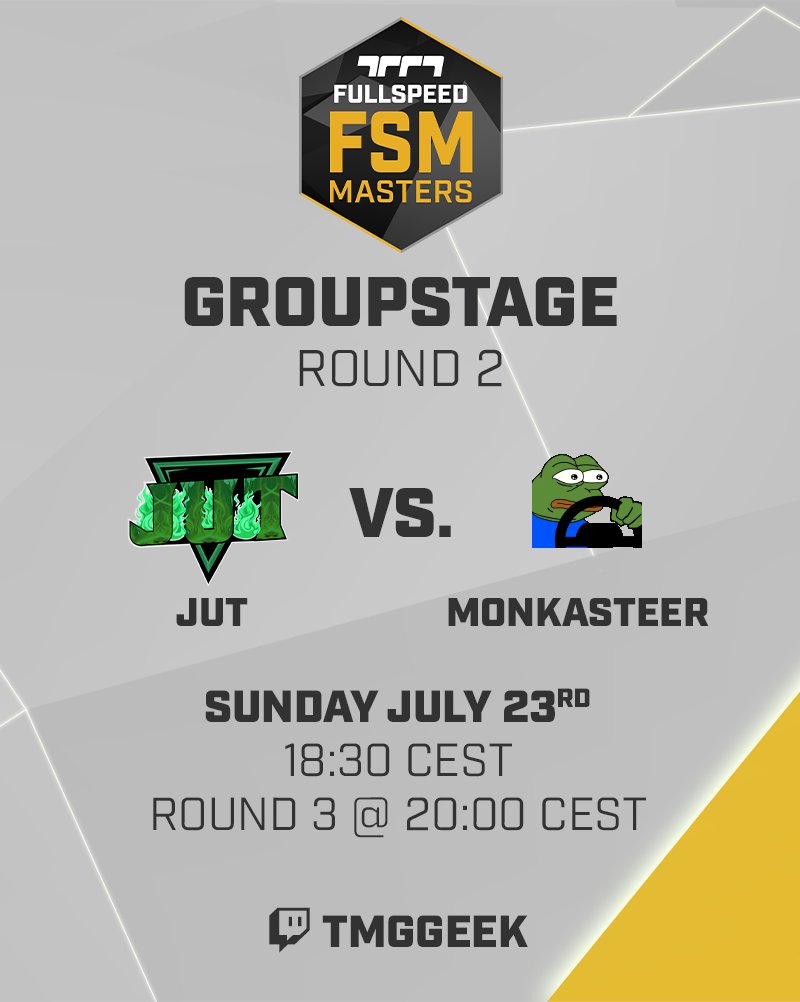 TMGGeek's tweet image. The @FSMajorSeries&apos;s Fullspeed Masters continues today with Rounds 2 &amp;amp; 3 of the Groupstage. I will be covering the JUT vs. monkaSTEER match first, the 20:00 match is to be determined.

⏰ From 18:30 CEST
📺 twitch.tv/TMGGeek

#TOTHELINE #FSISALIVE
