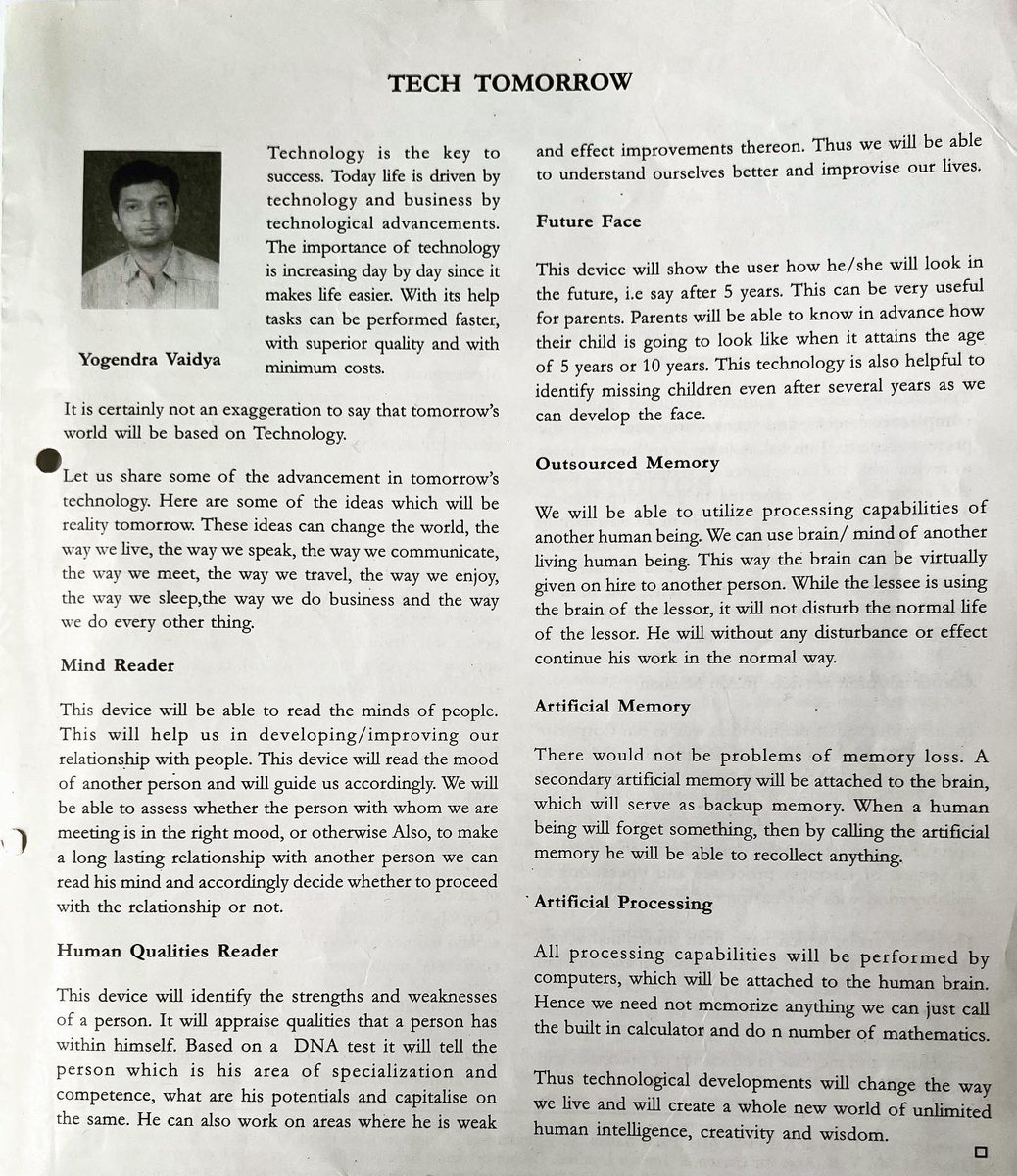 YogenVaidya's tweet photo. Nostalgia!This was written by me 2 decades ago. Glad several things have come to reality or being researched. Pivoting into a new world. #innovation #futuretech #futurist #technology  #concepts #visualise #imagination  #fiction #ideation #techfiles #artificialintelligence #aiml https://t.co/yHSBE7MpJ1