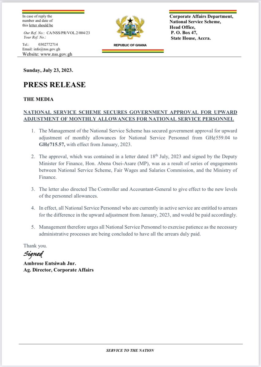 NagyaMensah's tweet photo. CONFIRMED; 

National Service Allowance to be increased from Ghc559.04 to  Ghc𝟕𝟏𝟓.𝟓𝟕 with effect from 𝐉𝐚𝐧𝐮𝐚𝐫𝐲, 𝟐𝟎𝟐𝟑. 

With this, personnel currently in active service will be paid the upward adjustment from January, 2023 accordingly. https://t.co/bGnqTLNY7j