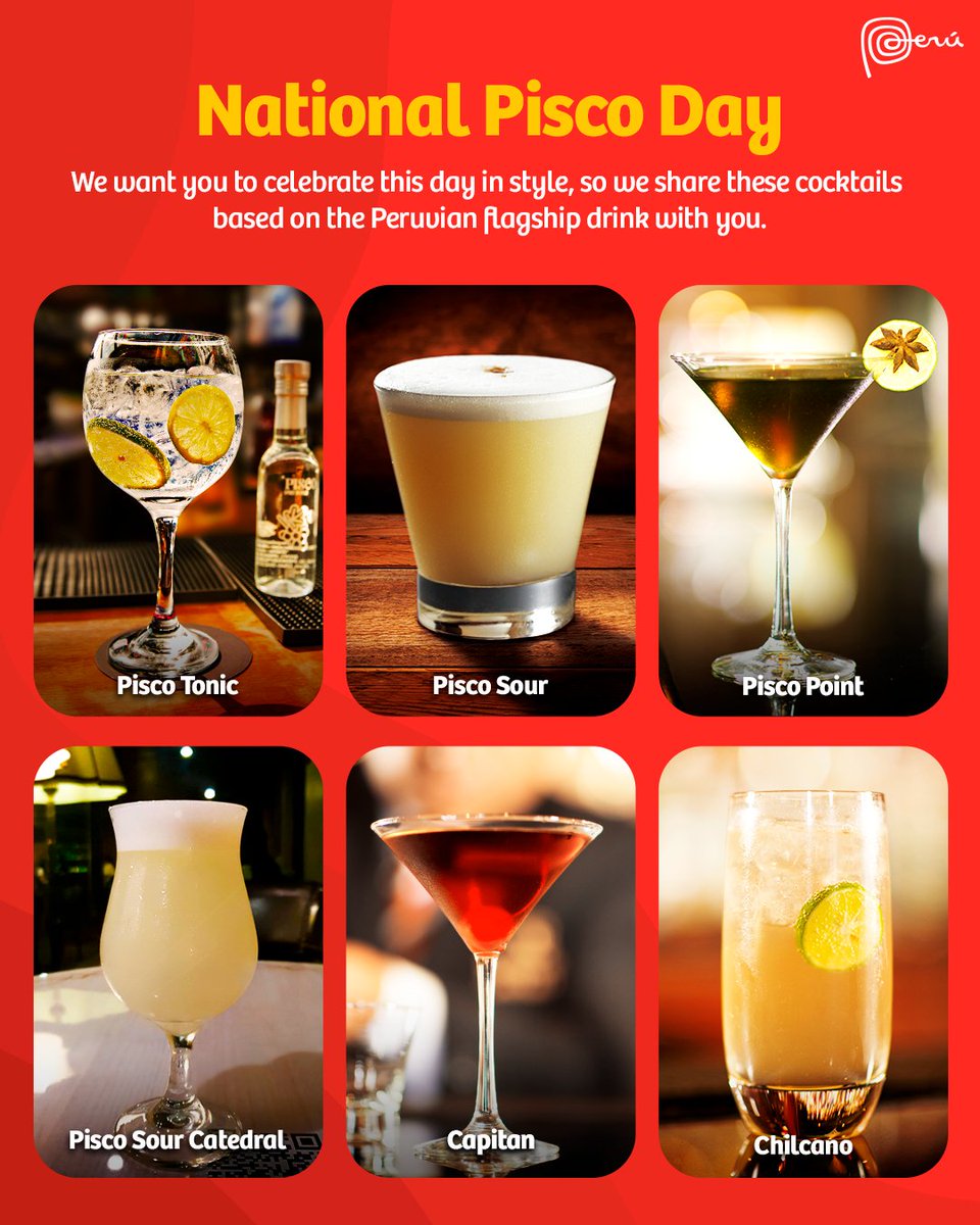 peru's tweet photo. Today's National #Pisco Day! 🍸🇵🇪
#Pisco is one of the most representative drinks in #Peru, due to its history and tradition. It also stands out for its versatility, being able to be combined with a variety of Peruvian ingredients. Which one is your favorite?

#PiscoSpiritOfPeru https://t.co/cxyAViXx06