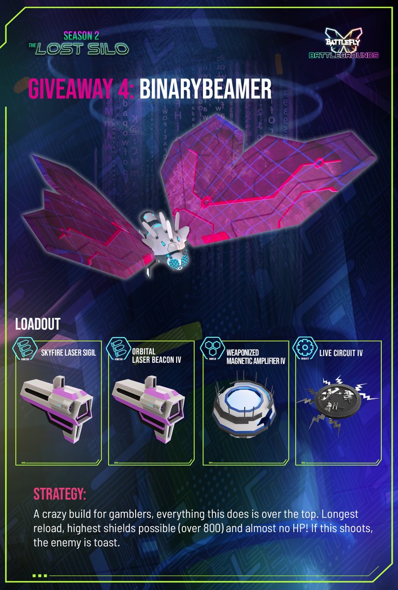 BattleFlyGame's tweet photo. The fourth and final Lost Silo Giveaway

Meet BinaryBeamer.

We saved this guy to last because he's just so cool. Over the top in everything he does this Fly is a gamble for sure. But when he wins, he really wins. 

To enter: Like and RT. 

Launch Day tomorrow

#BattleFlySeason2 https://t.co/AmP0p7EbJJ