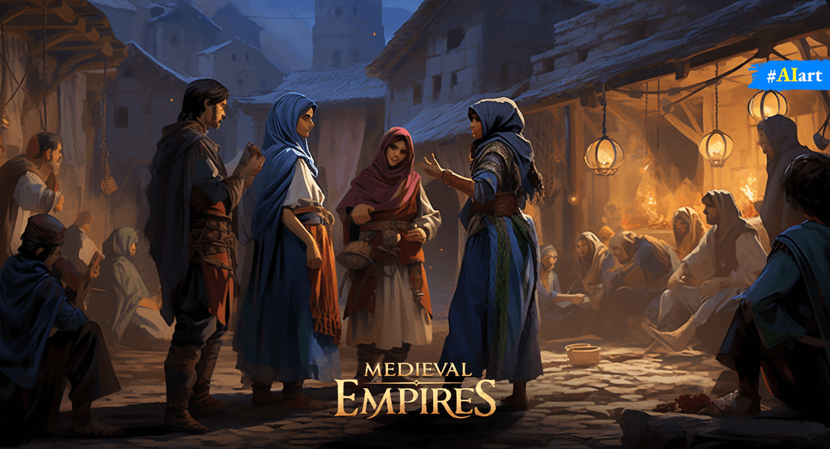The buzz around the bazaar!🗣️ 🤝
#AIArt #MedievalEmpires