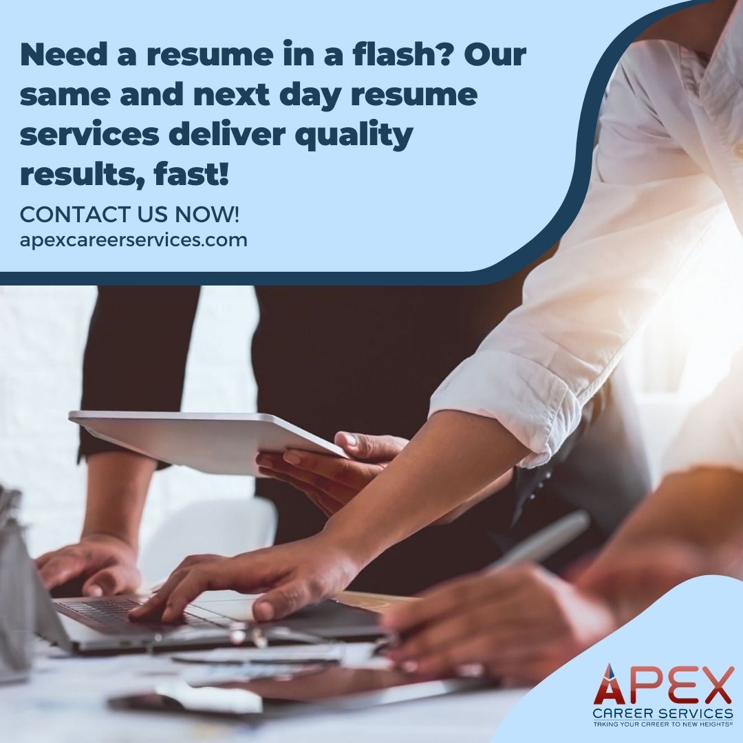 APEXCareerSvcs's tweet image. Need a resume ASAP? Get exceptional results in record time with our same and next day resume services. Visit apexcareerservices.com and fast-track your job search!

 #FastResume #QuickTurnaround #JobSearch #CareerOpportunities #APEXCareerServices