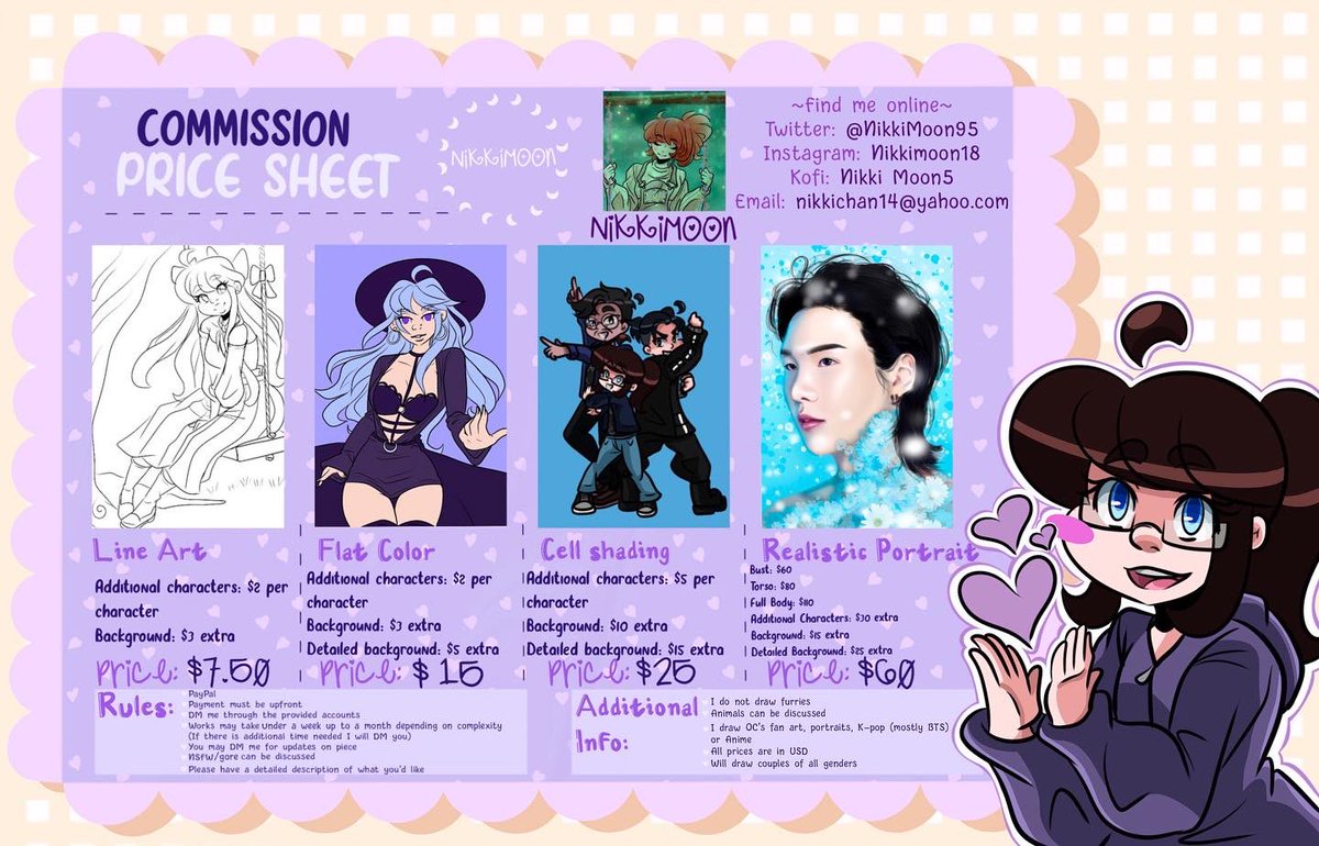 NikkiMoon95's tweet photo. Hello everyone! I am opening up commissions! I hope that everyone will treat me kindly and we can make something beautiful together 🌟💜🌟
#ArtCommission 
#artforsale 
#digitalart 
#Commission 
#BTSARMY https://t.co/VWt9ghWj68