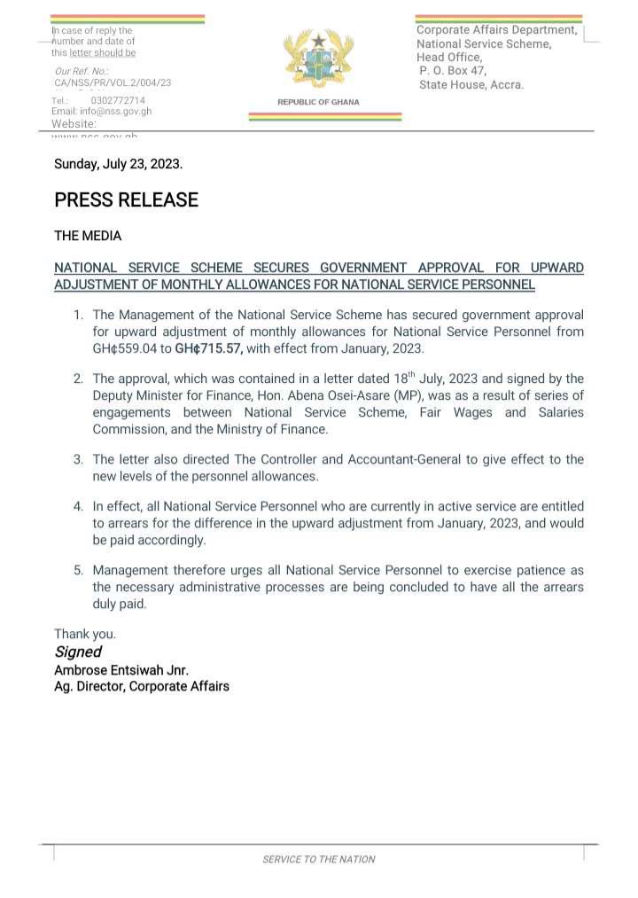 SIKAOFFICIAL1's tweet photo. According to a statement from the Acting Director of Corporate Affairs, Ambrose Entsiwah Jnr., the National Service Allowance has been  increased from Gh¢ 559.04 to Gh¢ 715.57, starting from January 2023. 

Personnel currently serving will thus be paid the arrears for the difference from January, 2023 and are advised to exercise patience as they’ll be duly paid as soon as possible.