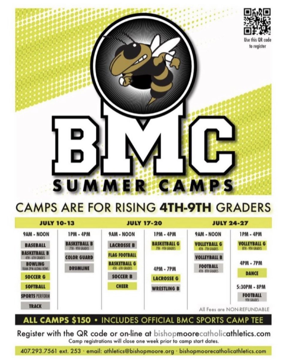 Our BMC Football Summer camp starts tomorrow! Rising 4th- 8th grade is from 9AM-Noon. Rising 9th graders are from 5:30PM-8PM. Walk-up registration is open, and payments are made online. Come train with our Hornets! #1MOORE https://t.co/q14k0606Dn