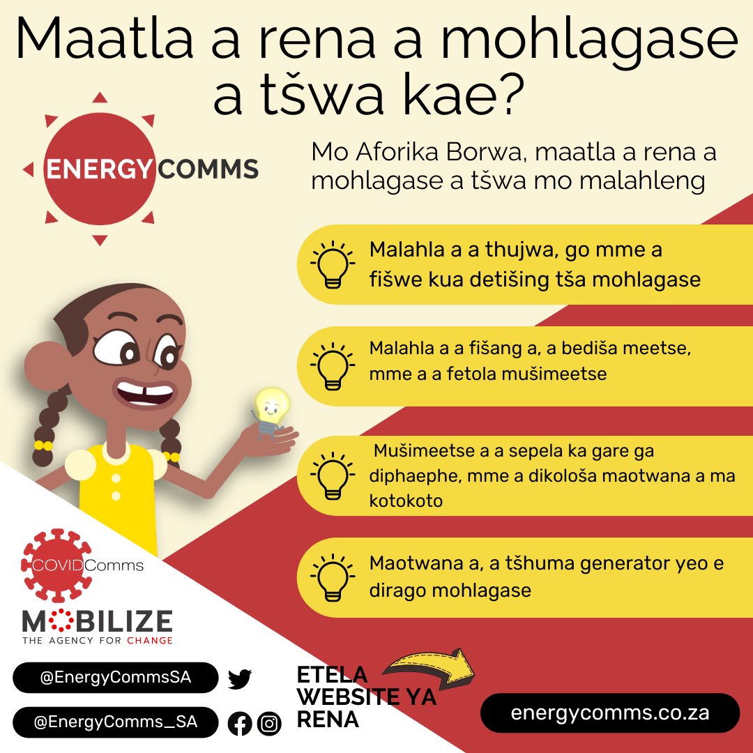 Mo Aforika Borwa, maatla a mohlagase a tšwa kae? 

Maatla a rena a mantšhi a mohlagase a tšwa mo malahleng, ao ba a tšhumago kua detišing tša mohlagase naga ka bophara. 

A ke ona mothopo wa rena wo mogolo wa maatla a mohlagase, eupsa ga se ona fela mothopo wa maatla a mohlagase.