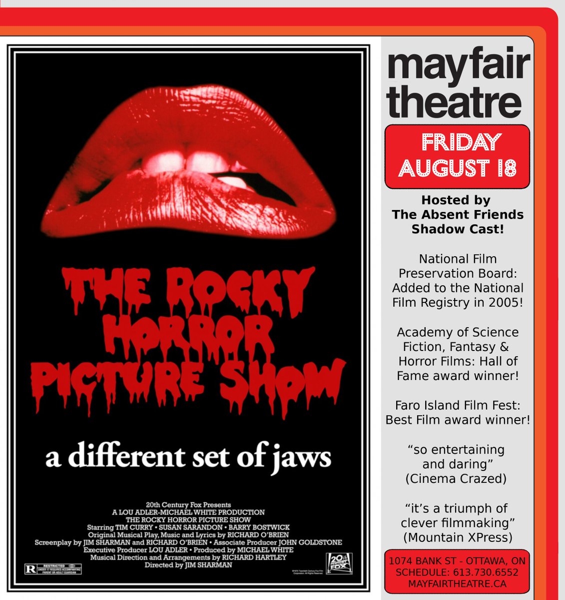 mayfairtheatre's tweet photo. The Rocky Horror Picture Show - Hosted by The Absent Friends Shadow Cast - Friday August 18!
“so entertaining and daring…the rock musical you have to see at least once in your life.” (Cinema Crazed)
“it’s a triumph of clever filmmaking” (Mountain XPress)

https://t.co/2m6oRz3xJ5 https://t.co/20dlNGw5yt