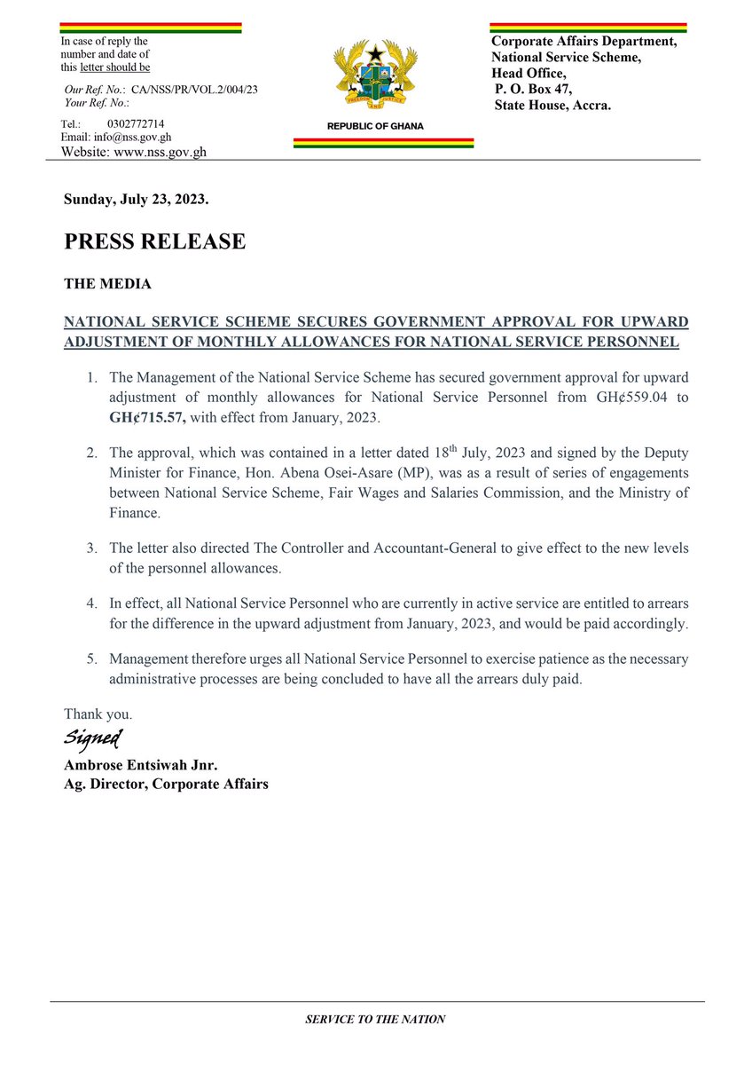 _nsagh's tweet photo. Press Release:
National Service Scheme Secures Government Approval for Upward Adjustment of Monthly Allowances for National Service Personnel.
#NSS
#Deploymentforemployment https://t.co/29TbxRKjZ3