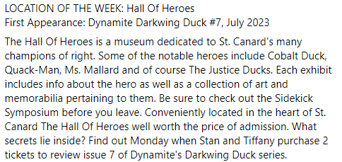 stcanardfiles's tweet photo. LOCATION OF THE WEEK: Hall Of Heroes
First Appearance: Dynamite Darkwing Duck #7, July 2023
#darkwingduck #dynamitecomics #launchpadmcquack #justiceducks #neptunia #colbaltduck #msmallard #quackman https://t.co/NdVAvkjvCJ