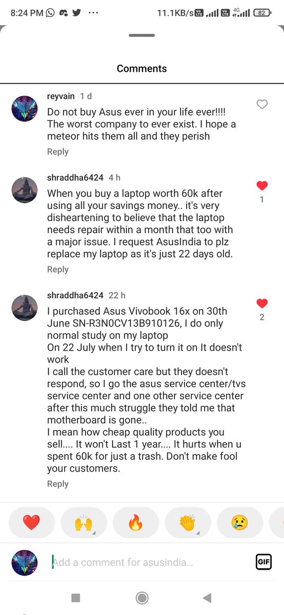 Here's the screenshot of <a href="/ASUSIndia/">ASUS India</a> latest Indian official Instagram page. Mind you these are all random people. But they have absolutely bene ripped off of their money and mentally harassed by <a href="/Asus/">ASUS</a> <a href="/ASUS_ROG/">ROG Global</a> 
3/nA