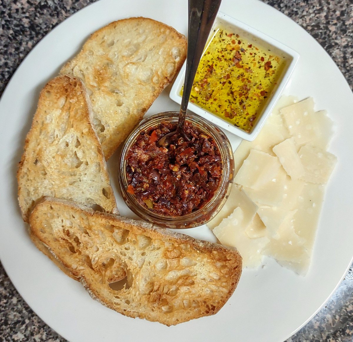 LenaLChen's tweet image. I say you should order in! 

I'm having what TikTok trends would call #girldinner, I prefer the British term #PickyBits: toasted sourdough, olive oil w/Maldon, cracked pepper and chili), shaved reggiano and homemade sundried tomato/olive tapenade