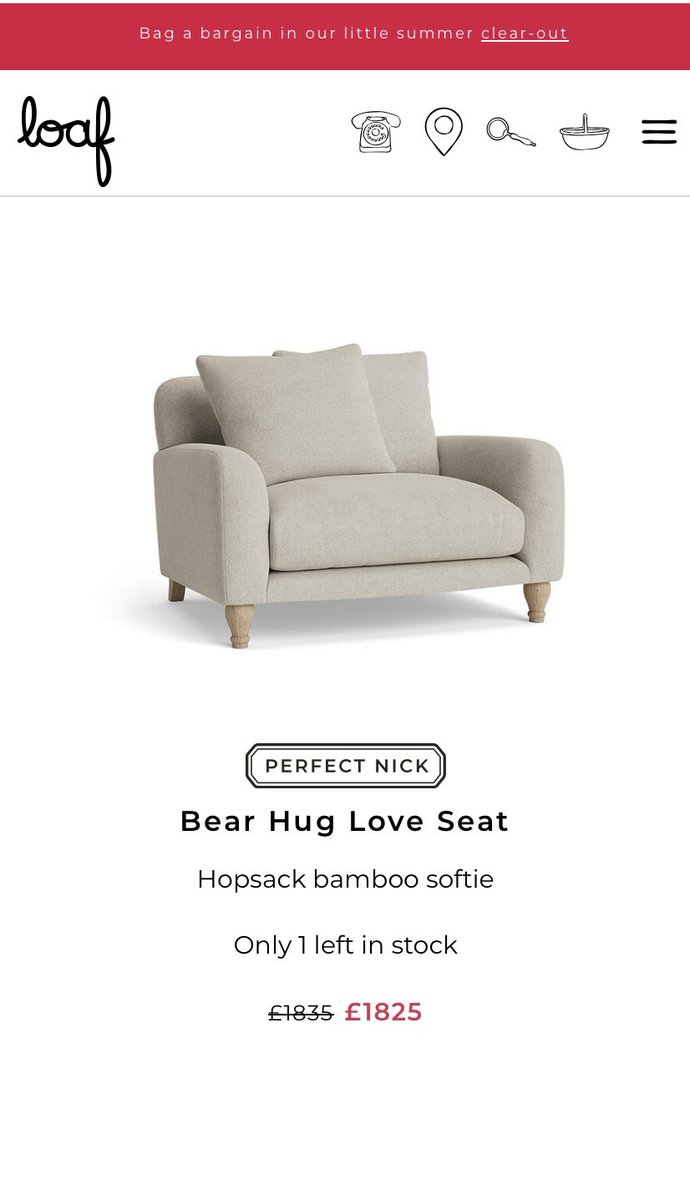 “Bag a bargain” 😂 Was £1835, now just £1825 - for a sofa that sits approx one person A huge 0.5% saving 👏🏼 Incredible discounts out here by @loafhome 🤦🏼‍♀️