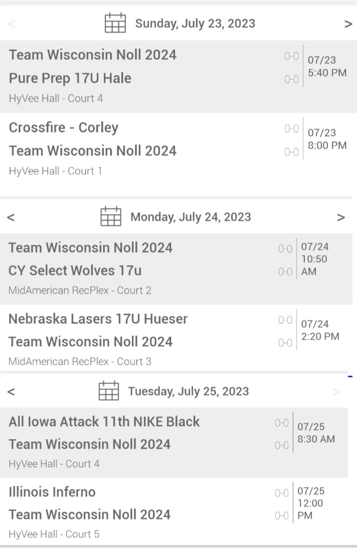 Here is my updated schedule for my last AAU tournament in Des Moines. I am looking forward to giving it my all one more time on the court with my team! @vcteamwi @teamwinoll @BradyJ_Peterson