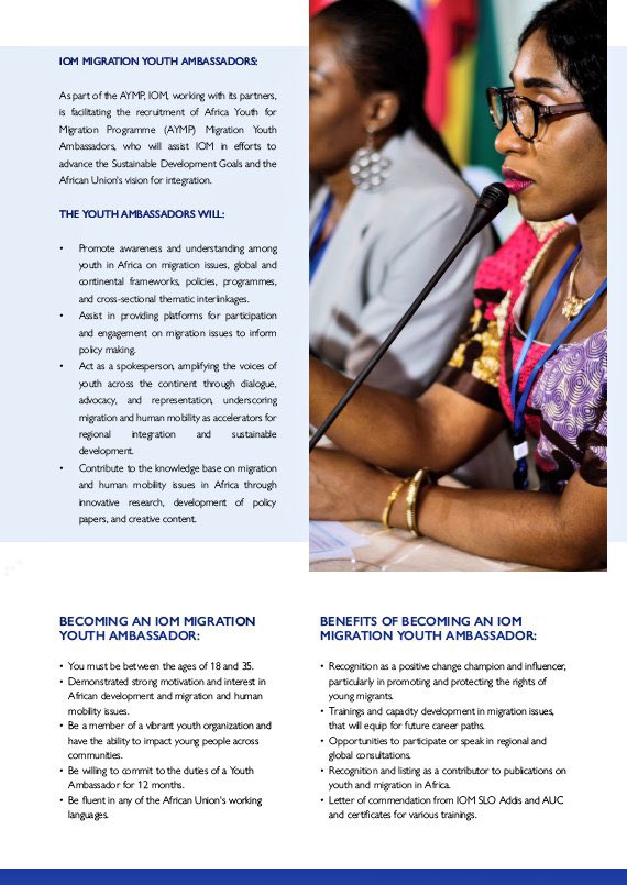 📢Exciting Opportunity! 🌍Become an IOM Migration Youth Ambassador! 🚀Are you aged 18-35 with a passion for African development, migration, and human mobility issues? 🌐 Join us on this journey to make a difference! Apply now #YouthAmbassador #MigrationMatters #AfricanDevelopment