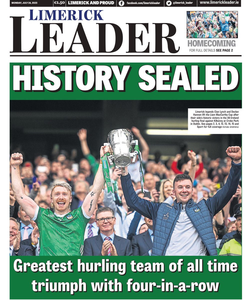 AineFitzgeraldA's tweet photo. Tomorrow's front page of the Limerick Leader is devoted to THE INVINCIBLES.

Today was a defining moment in Limerick's history - a monumental achievement by men born and bred in our communities, playing an amateur sport in a professional manner...all for the love of the game💚 https://t.co/DHS8wrBs3N