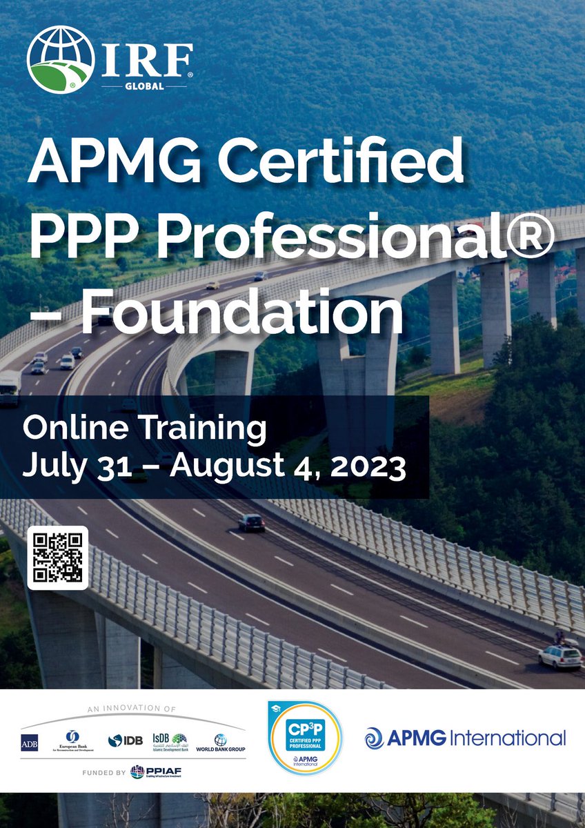 IRF_global's tweet photo. The International Road Federation (IRF Global) presents #APMG Certified PPP Professional® – Foundation course! This certification is part of the esteemed APMG #PPP Certification Program®, aiming to foster an understanding of Public-Private Partnerships (PPPs) across various disciplines and sectors.
Read more & register at: https://t.co/skZZCbegOG
#CP3P #PublicPrivatePartnerships #BOT #IRFGlobal #ProfessionalDevelopment