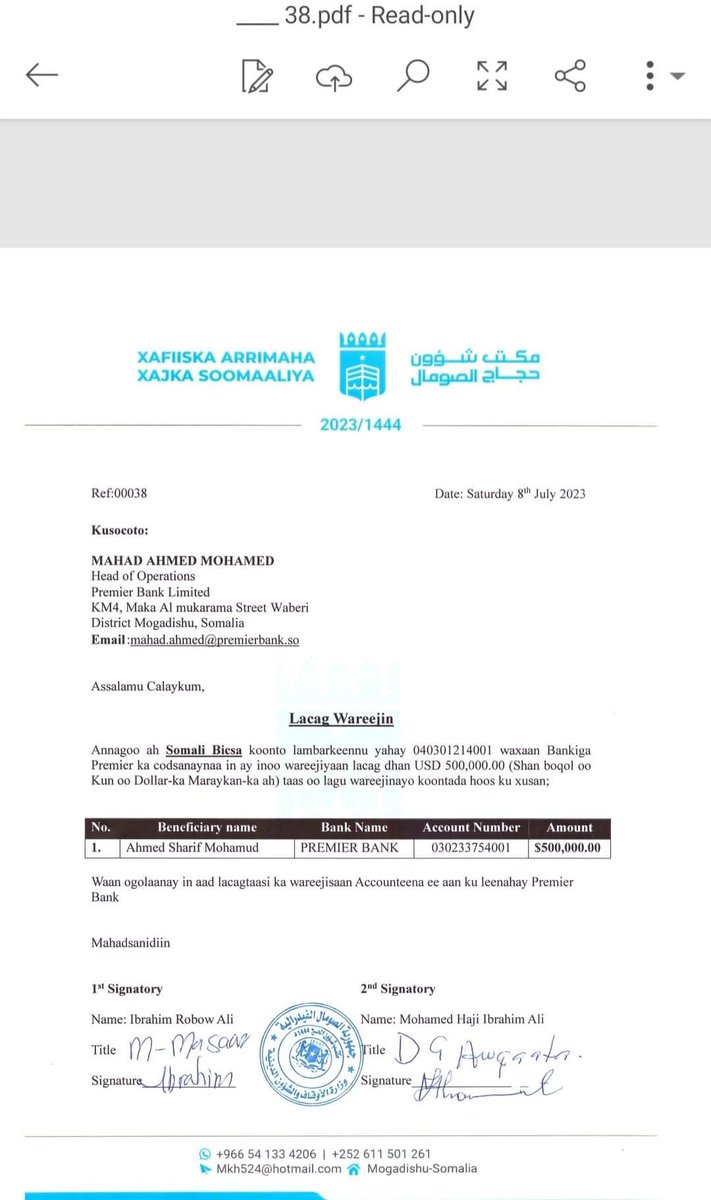 AmbWarsame's tweet photo. #Ashabaab Terrorist financed by cofounder #Roobow #AbuMansuur Mukhtar #Roobow, update #Somalia's Minister of Religious Affairs, Corruption:
former commander & co-founder of #AlShabaab withdraw Money totaling $500,000.00 Minister of Religious Affairs from the Hajj affairs office's account at the Ministry of Religion and Endowments to a private bank account in the name of Ahmed Sharif Mohamud.
Ibrahim Robow Ali,brother to Minister of Religious Affairs Abu Mansur Rabow; ordered the withdrawal of the money.
#Nepotism #Corruption @HassanSMohamud Government is considered the most corrupt government in the world 🌎 by @anticorruption and @Mo_IbrahimFdn cc
@StateDept, @WorldBank @WorldBankAfrica @KGeorgieva @IMFNews #AjayBanga
@anticorruption @Mo_IbrahimFdn @USTreasury @ABlinken @JoeBiden @USTreasury @UnderSecTFI
@US2SOMALIA @UNSomalia @UKinSomalia @EU_in_Somalia @IMFNews @anticorruption @Mo_IbrahimFdn @antonioguterres @ShAbdiHersy @AbdiwahabSheik7 @fuguni @SomPundit @MohamoudGaildon
#NoterroristMinister #HOAunderattack #JailHSM @StateDeptARS @AsstSecStateAF @StateDept @SecBlinken @DeputySecState @StateDeptSpox @USAfricaCommand @SecDef @USAmbUN @UnderSec @antonioguterres @SomaliaatUN @US2SOMALIA @UKinSomalia