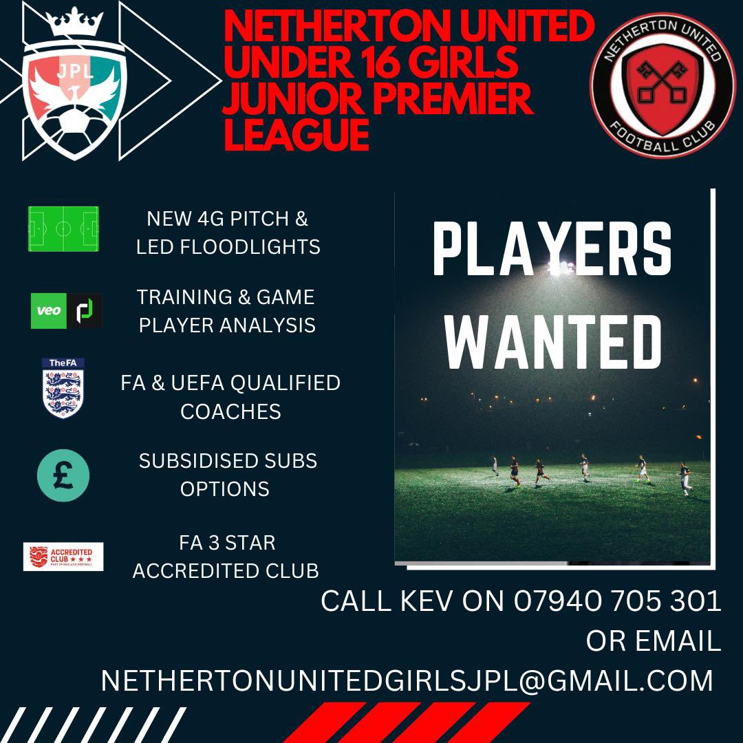 🚨 Trial sessions available🚨 Join our Netherton United U16 girls JPL team ⚽️ Limited spots remaining, so act fast! 

Register your interest here: form.jotform.com/230575335825055. ⏰ 

Or contact Kev on 07940 705301 / nethertonunitedgirlsjpl@gmail.com