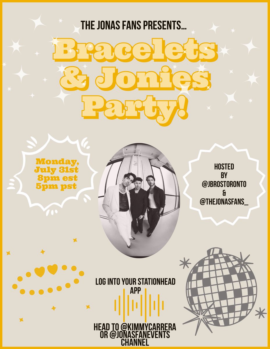 SURPRISE! We are so excited to announce The Bracelets and Jonies Stream with <a href="/JBROSTORONTO/">jonas brothers toronto ⚡️</a> 

Break out your bracelet supplies, grab a snack &amp; come party with us everyone is welcome✨💃🏼

We will be streaming #DoItLikeThat &amp; of course Jonas! See you there!

share.stationhead.com/d6pR1nx62f6