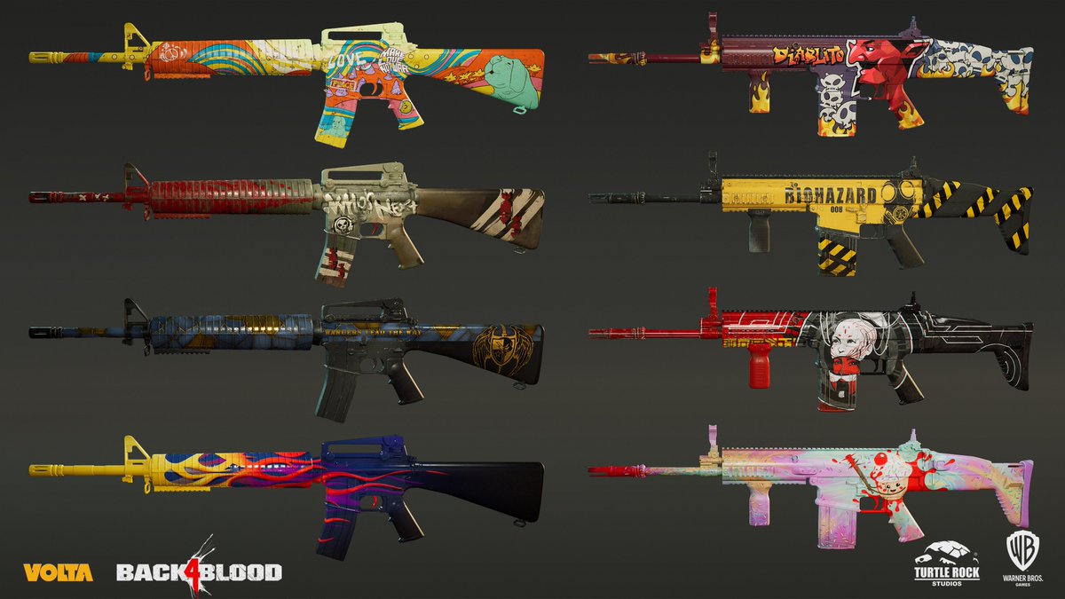 Back4BloodWiki's tweet photo. Today's #SundayVibes takes a look at weapon skins created by Canadian creative studio VOLTA.
For more from VOLTA, visit https://t.co/WjvWU5Igsw. https://t.co/RixgECQ8pp