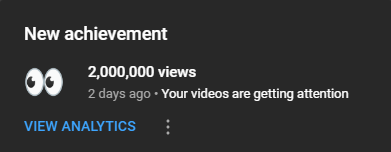 What a milestone!

My YouTube channel has now surpassed 2,000,000 lifetime views; with long-form content accounting for around 61% of views, and short-form accounting for the rest.

It was only around 20 weeks ago that the channel hit 1,000,000 lifetime views. Crazy!