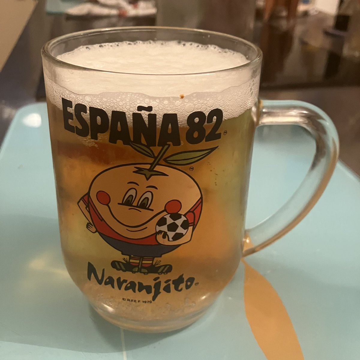 Italian beer brewed by a Dutch company in Scotland, drunk out of my Spain ‘82 tankard.