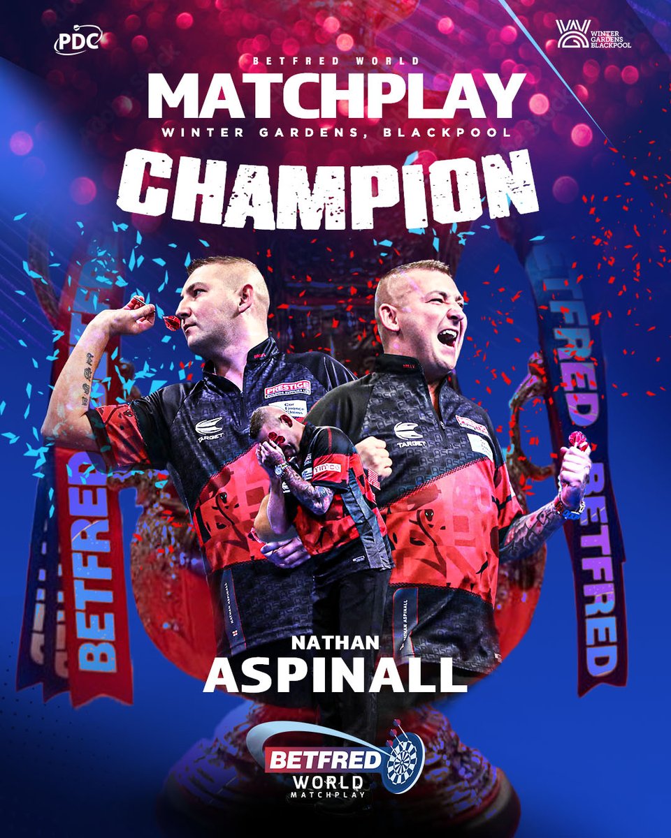 ASPINALL IS THE CHAMPION! 🏆

Nathan Aspinall fulfills his darting destiny at the Empress Ballroom! 

The Stockport star becomes the 12th player to lift the famous Phil Taylor Trophy, after producing one of the best performances ever seen in a Blackpool final! 🔥

#WMDarts Final