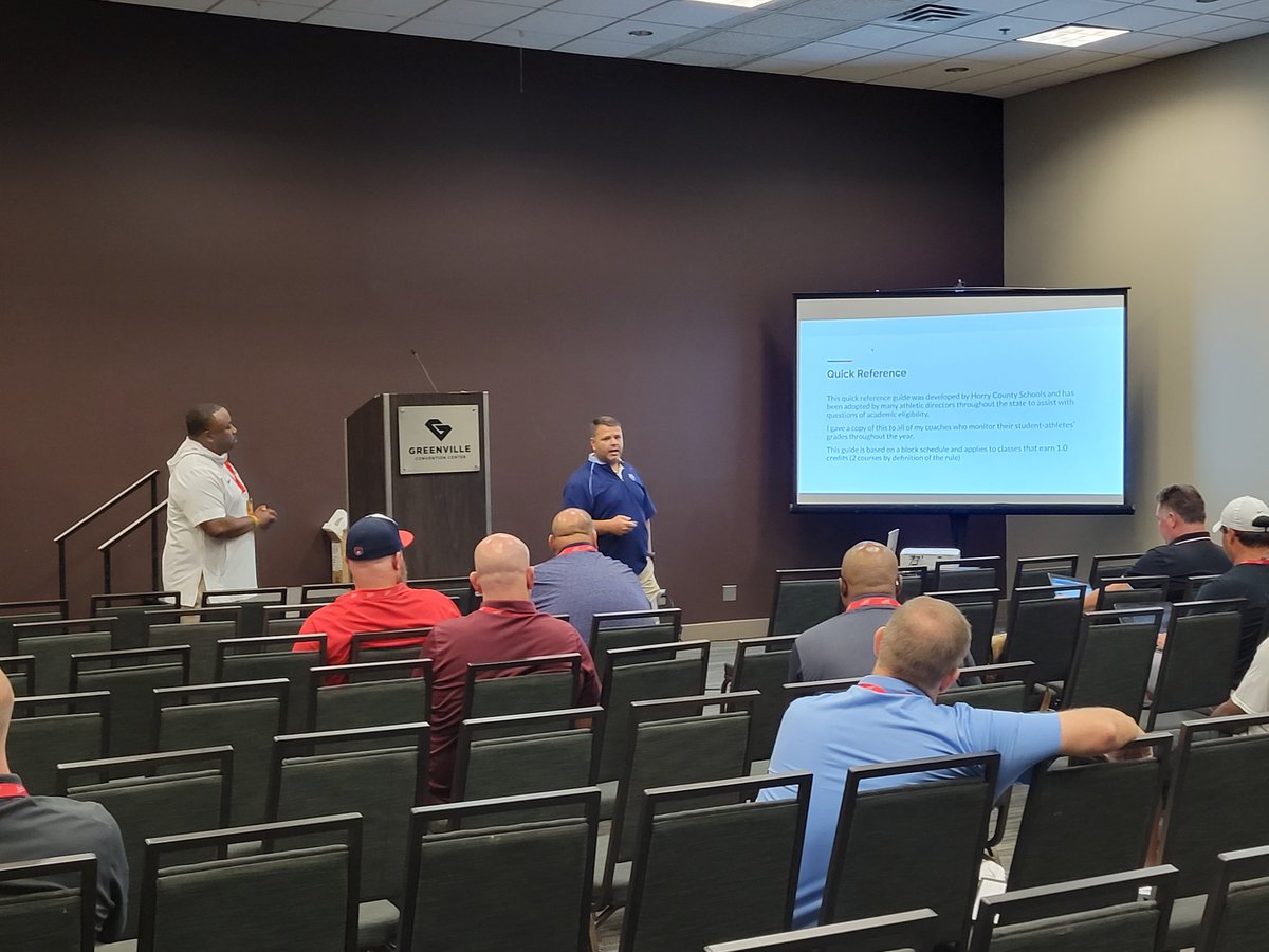 Board Members <a href="/_Cody_Slaughter/">Cody Slaughter, CMAA</a> and <a href="/02que/">Vernon Hunter, M.A. Ed, CMAA</a> presenting "Eligibility 101" at the <a href="/CarolinaCoaches/">South Carolina Athletic Coaches Association</a> Clinic