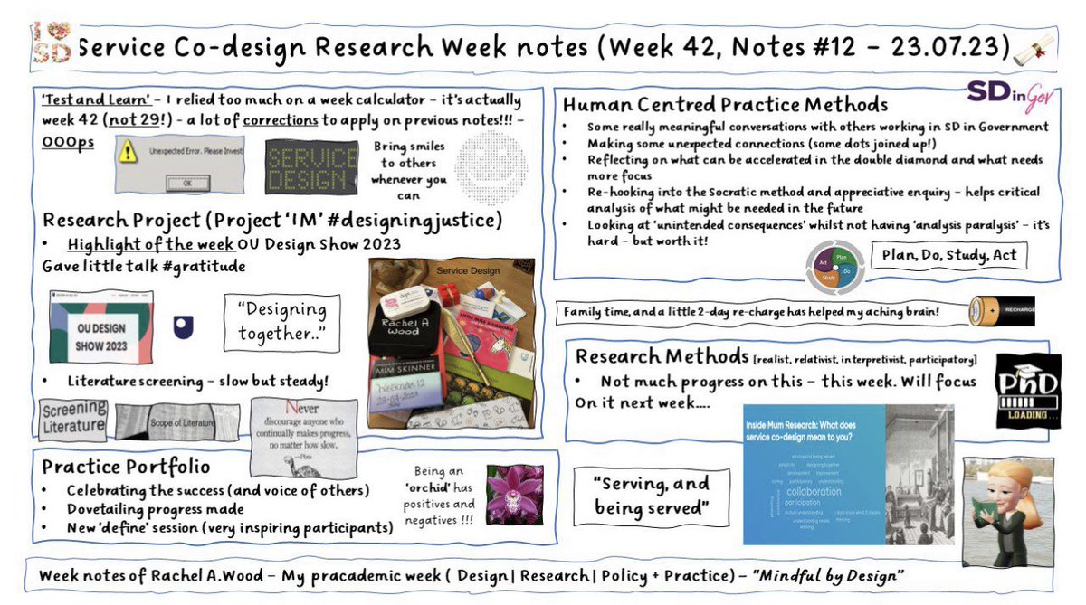 rachelawood's tweet image. My service codesign research and practice weeknotes 12 (actually week 42 not 29!). Have a fantastic week, and bring joy, and make a difference where you can… @OUGradSch #SDinGov #weeknotes #servicedesign #codesign #designleadership #phdlife