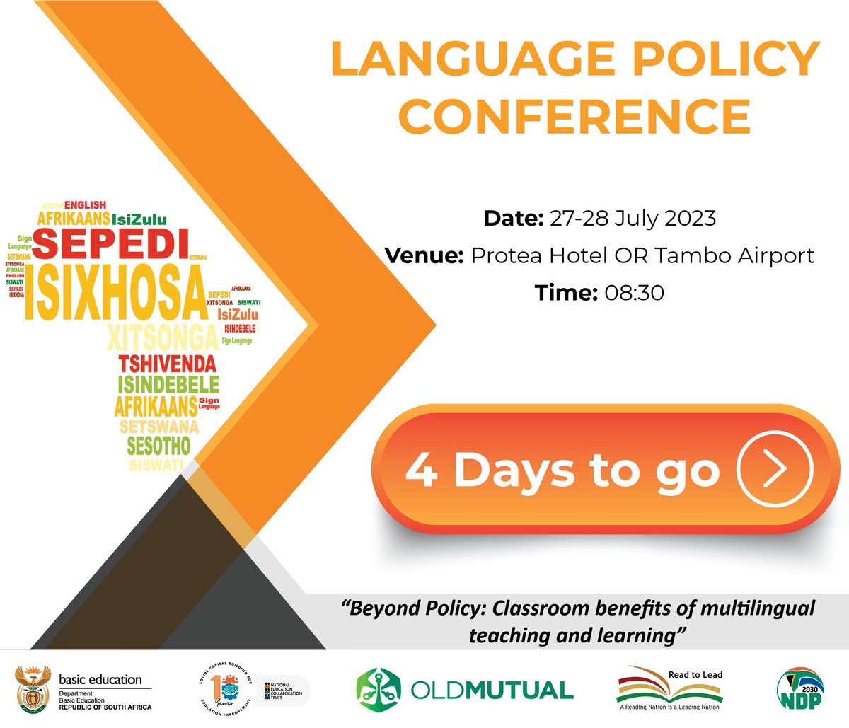 [DBE News] The DBE, in partnership with <a href="/The_NECT/">National Education Collaboration Trust</a> and <a href="/OldMutualSA/">Old Mutual SA</a>, will be hosting the Language Policy Conference on 27-28 July 2023.