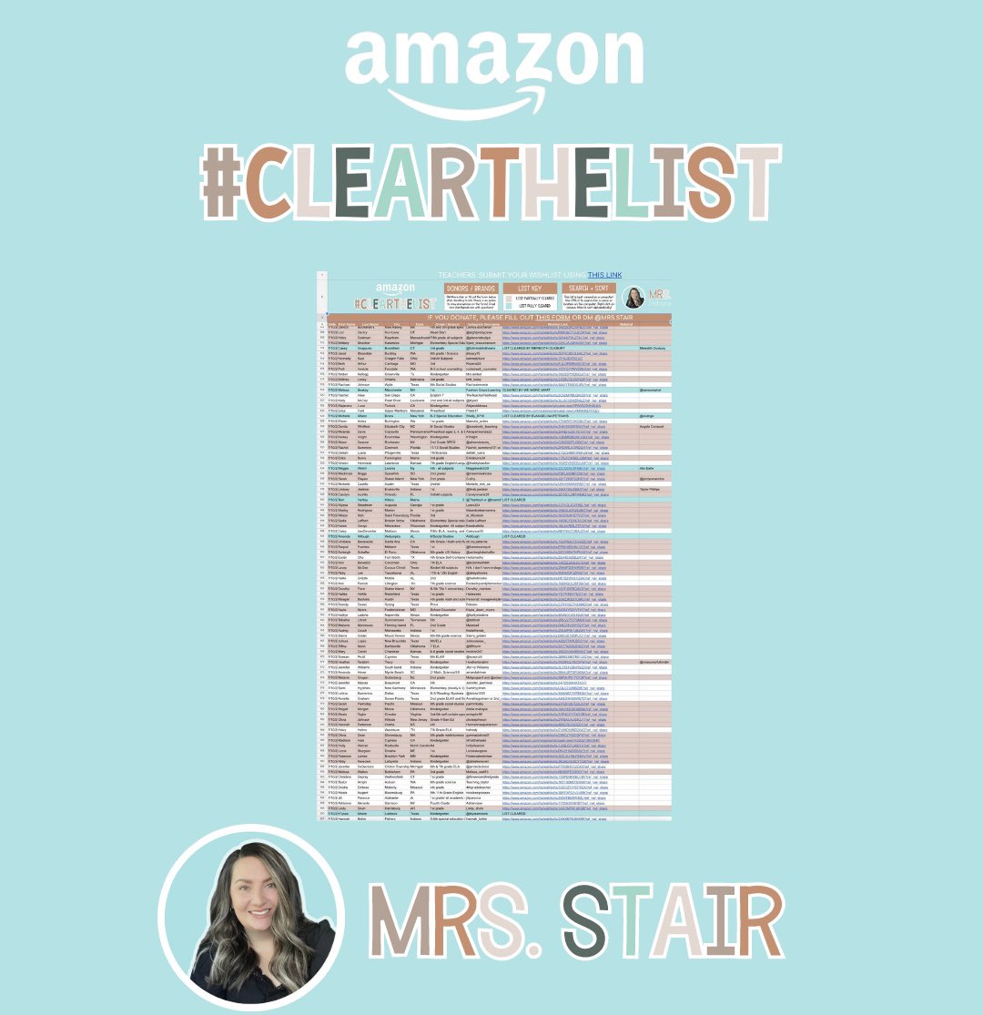 Can you take 5 minutes out of your day to help a teacher by buying ONE item from ONE Amazon wishlist? Search the 13,000+ lists linked below by location or grade using CTRL F, or pick randomly! Just one item means the WORLD to teachers 🌍

linktr.ee/mrs.stair