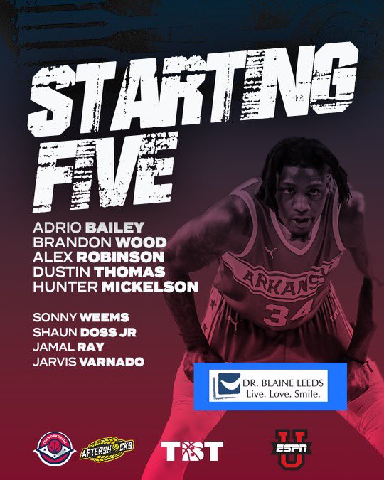 TeamArkansasTBT's tweet photo. 🚨IT’S ALMOST GAME TIME ‼️‼️
🔴TEAM ARKANSAS STARTING 5🔴
🔥@adriobailey
🔥@BrandonWood30
🔥@arob25_
🔥@dthomas_x3
🔥@MickelsonHunter
📺 Tune in to ESPNU & watch as Team Arkansas takes on the Aftershocks in the Wichita Regional Final!
#TeamArkansasTBT
#TBTHogs https://t.co/HqMVquCNPQ