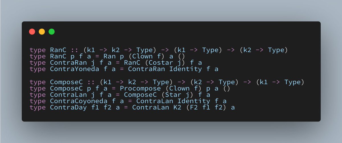 sjoerd_visscher's tweet image. All types from the kan-extensions package are special cases of Procompose, Rift and Ran from the profunctors package.
Even the laws, see: gist.github.com/sjoerdvisscher… #haskell