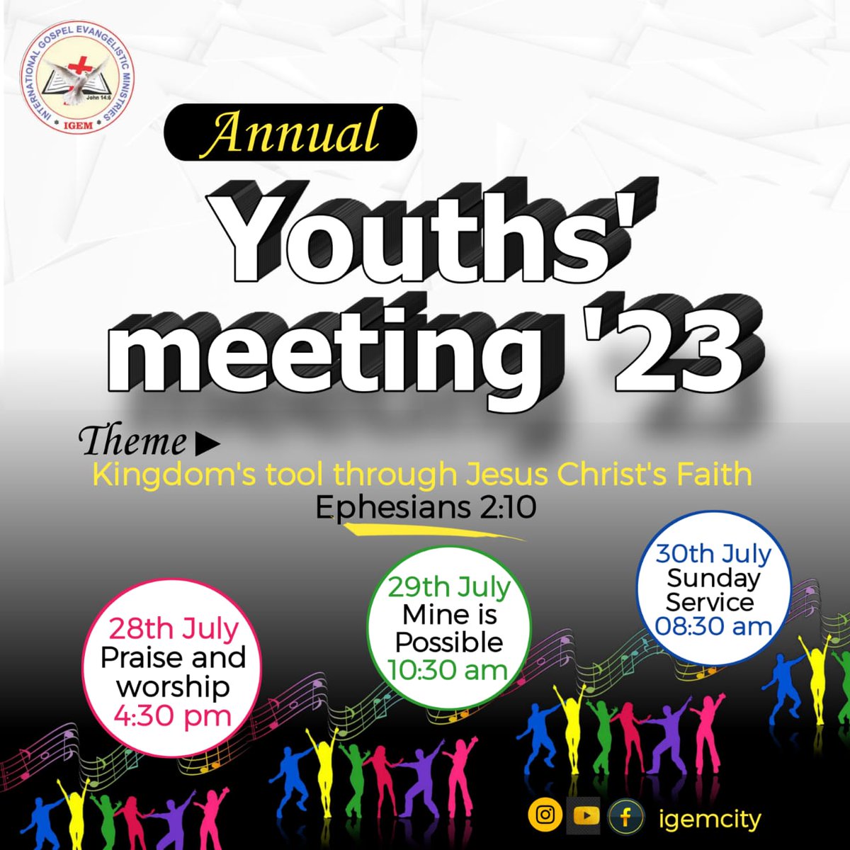 igemcity's tweet photo. Remember now thy Creator in the days of thy youth, while the evil days come not, nor the years draw nigh. Ecclesiastes 12 : 1. Oh Youth! make it a date with Jesus and you shall be blessed greatly. #igem #igemcity #youths #youthmeeting #kingdomtools #jesuschrist #faith #blessings https://t.co/c21duGJMIX