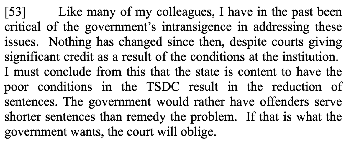 JoleneHansell's tweet photo. Some strong language from Justice Scheck on Duncan credit, sentencing credit given for harsh pre-sentence custody conditions, in R. v. Jama et al., 2021 ONSC 4871. https://t.co/zZAdvEogTi