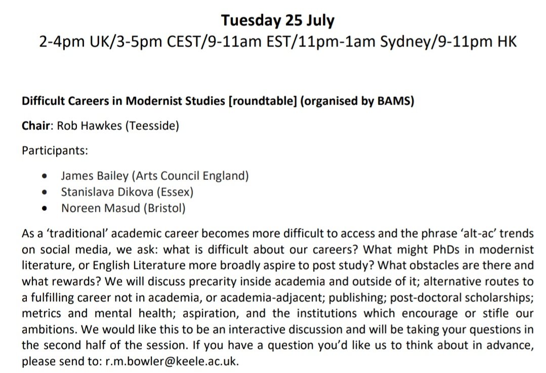 The first event for #DifficultMod is approaching! 

Tuesday 25th - Difficult Careers in Modernist Studies roundtable!

Speakers: James Bailey, Stanislava Dikova, and <a href="/NoreenMasud/">Noreen Masud</a>. Chaired by @robbhawkes.

Programme bams.ac.uk/difficult-conv…

Register eventbrite.com/e/difficult-co…