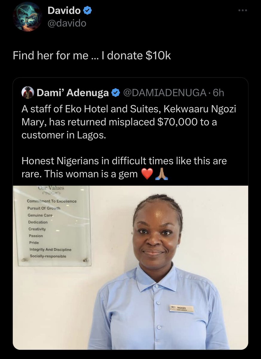 yabaleftonline's tweet photo. Davido to donate $10k to hotel staff, Kekwaaru Ngozi Mary for returning misplaced $70,000 to a customer https://t.co/gmUDctjWHJ