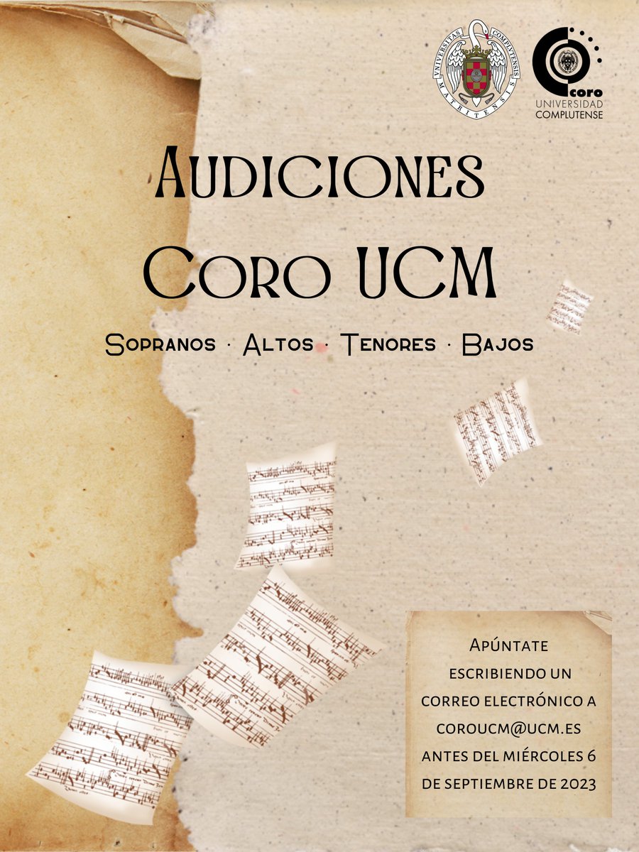 Coro de la Universidad Complutense de Madrid (@coro_ucm) on Twitter photo Apúntate a las #audiciones del #CoroUCM antes del 📆6 de septiembre de 2023.
Escribe un correo electrónico a 📧 coroucm@ucm.es indicando tu voz, si eres parte de la comunidad universitaria y un resumen de tu experiencia musical.
El principal requisito es saber leer música. Apúntate a las #audiciones del #CoroUCM antes del 📆6 de septiembre de 2023.
Escribe un correo electrónico a 📧 coroucm@ucm.es indicando tu voz, si eres parte de la comunidad universitaria y un resumen de tu experiencia musical.
El principal requisito es saber leer música.