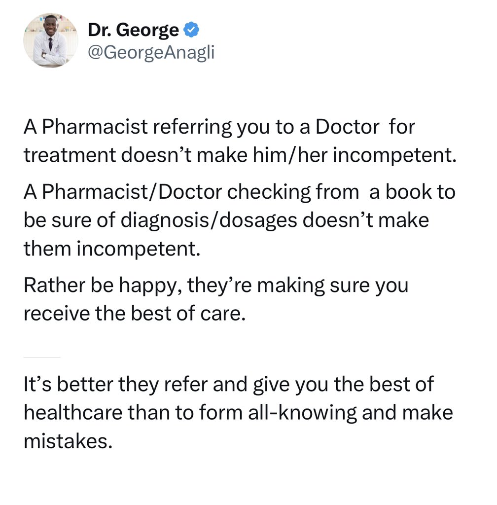 A Doctor to listen a recall from a pharmacist regarding medication regime doesn't make him/her incompetent.

#All about patient-centered care.
#MtuNiAfya