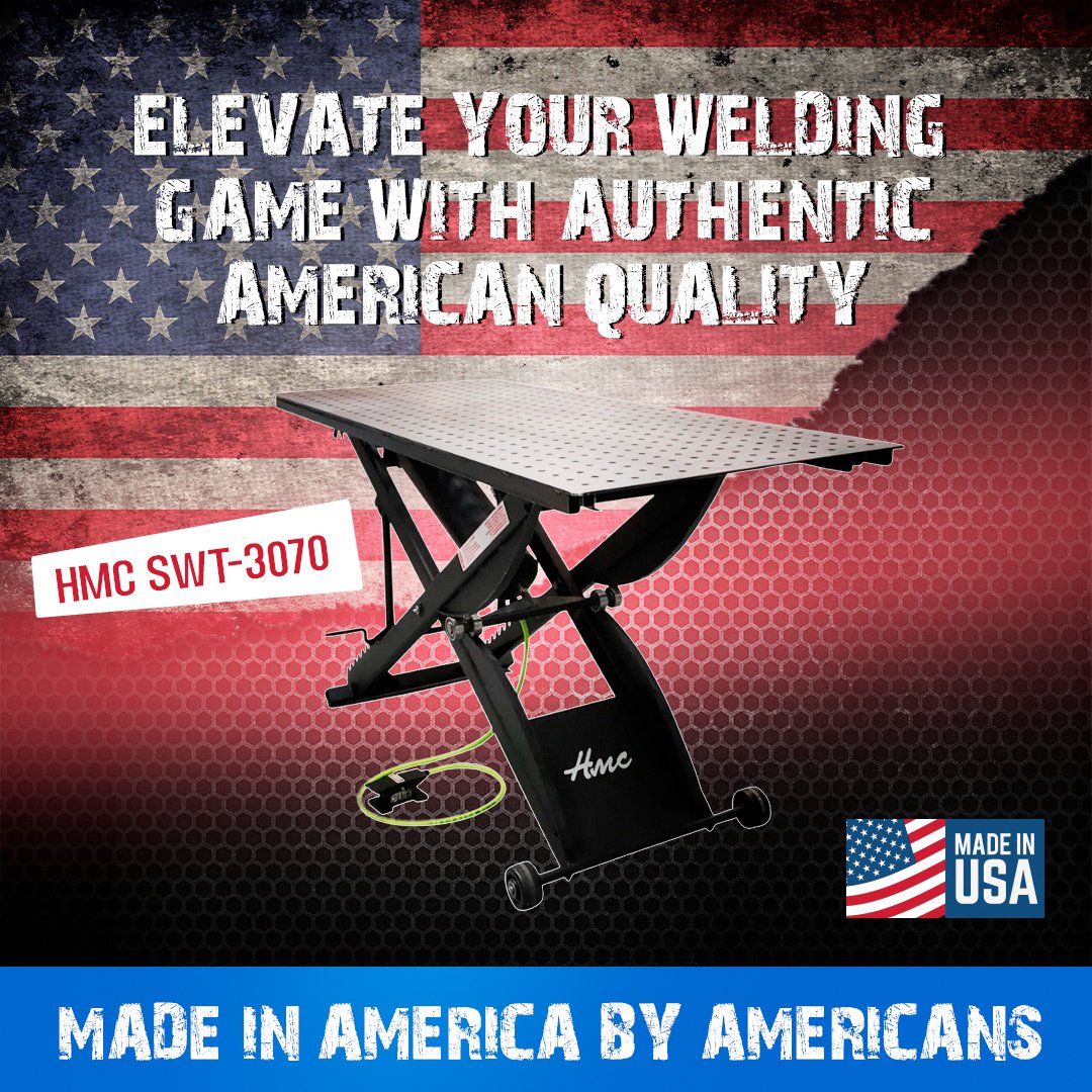 CycleShopTools's tweet image. Looking for a welding table to adjust for various #welding heights?  Look no further than the #HMC #SWT3070.
Built on our air-powered frame, this 30"x70" 1/4" top has 5/8" laser-cut holes for nearly unlimited clamping.
#Weldpro #weldtable #usamade