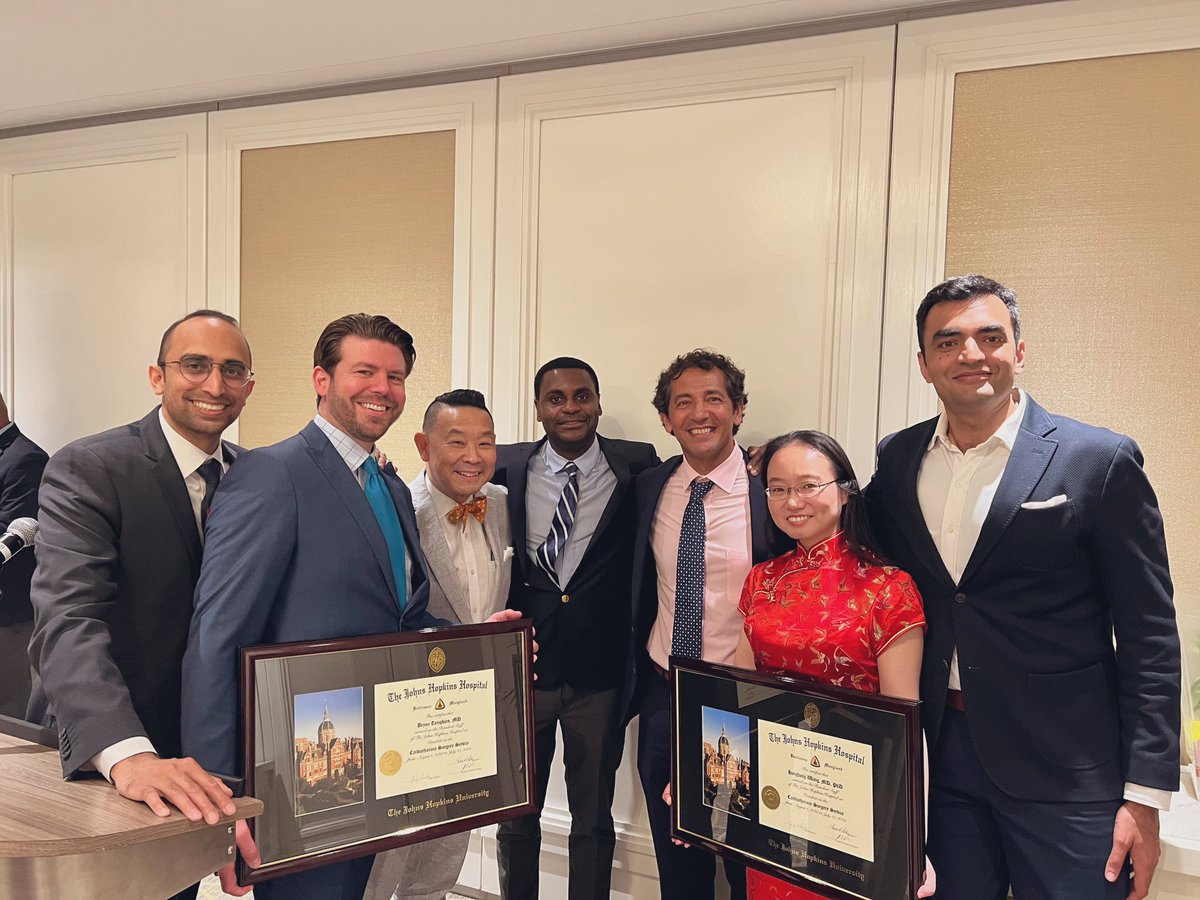 DevenPatelMD's tweet photo. Congrats to @HopkinsCTSurg grads @HH__Wang  &amp; Bryon 🎉, the newest inductees of the prestigious Blalock Society. A wonderful celebration with faculty (including @AhmetKilicMD &amp; @SteveYangMD - 2023 Golden Apple Teaching Award Winners), previous graduates, and friends! https://t.co/fK4QuFjQ15