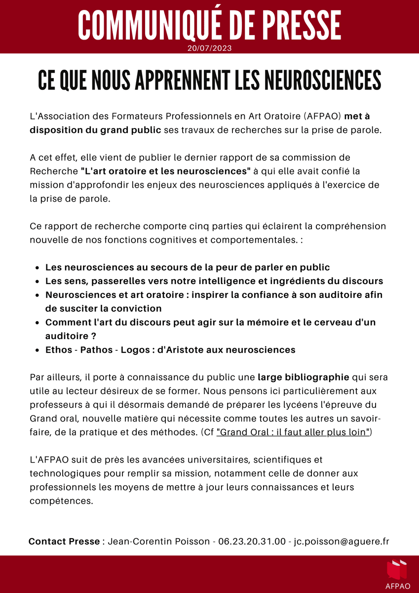 📢 Annonce du communiqué de presse : "L'art oratoire et les neurosciences" 🧠🗣️ 

L'AFPAO demeure à l'affût des avancées universitaires, scientifiques et technologiques, car notre mission est de permettre aux professionnels de maintenir leurs connaissances et compétences à jour.