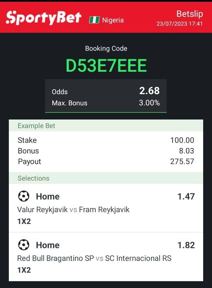WizSureBet's tweet photo. SUNDAY  EVENING 2 + ODDS 🏆🙌 ❤️

SPORTYBET Code: D53E7EEE
✅️✅️✅️✅️✅️

#betresponsibly #sportybet @jujupunter @BETFUSE1 @Betodds1 @bettipstar1 #TrendingHot #davido https://t.co/9yqVQR90T3