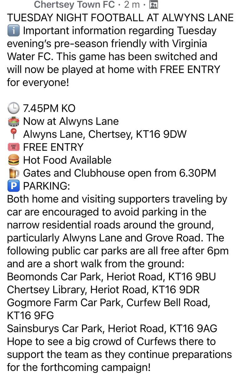TUESDAY NIGHT FOOTBALL AT ALWYNS LANE
ℹ️ Important information regarding Tuesday evening’s pre-season friendly with Virginia Water FC. This game has been switched and will now be played at home with FREE ENTRY for everyone! 🕒 7.45PM KO