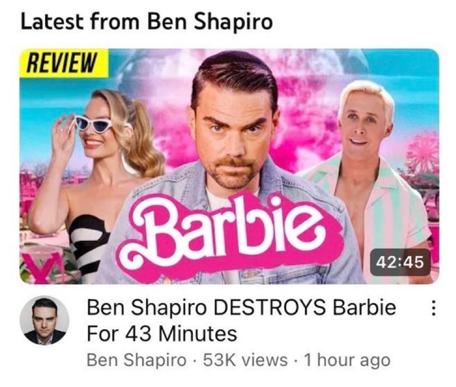 With Barbie’s $155,000,000 opening, every studio in town is begging Ben Shapiro to “DESTROY” all their movies in 43 minutes too