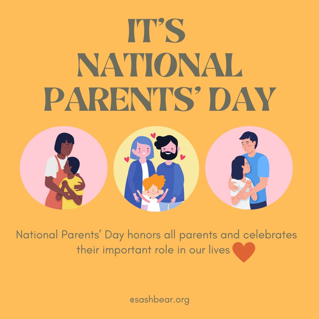 SashbearOrg's tweet image. It's #NationalParentsDay and we are sending big #SashHugs to all parents!  

Parenting is tough. Today, practice positive self-talk: 

I am a good parent
I will figure it all out
It's okay to make a mistake
I am doing my very best 
Parenting is hard but I can do it
I am loved